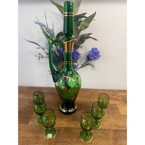 Vintage Bohemia Czech Emerald Green Glass Decanter Set Gold Gilt Cordial Glasses